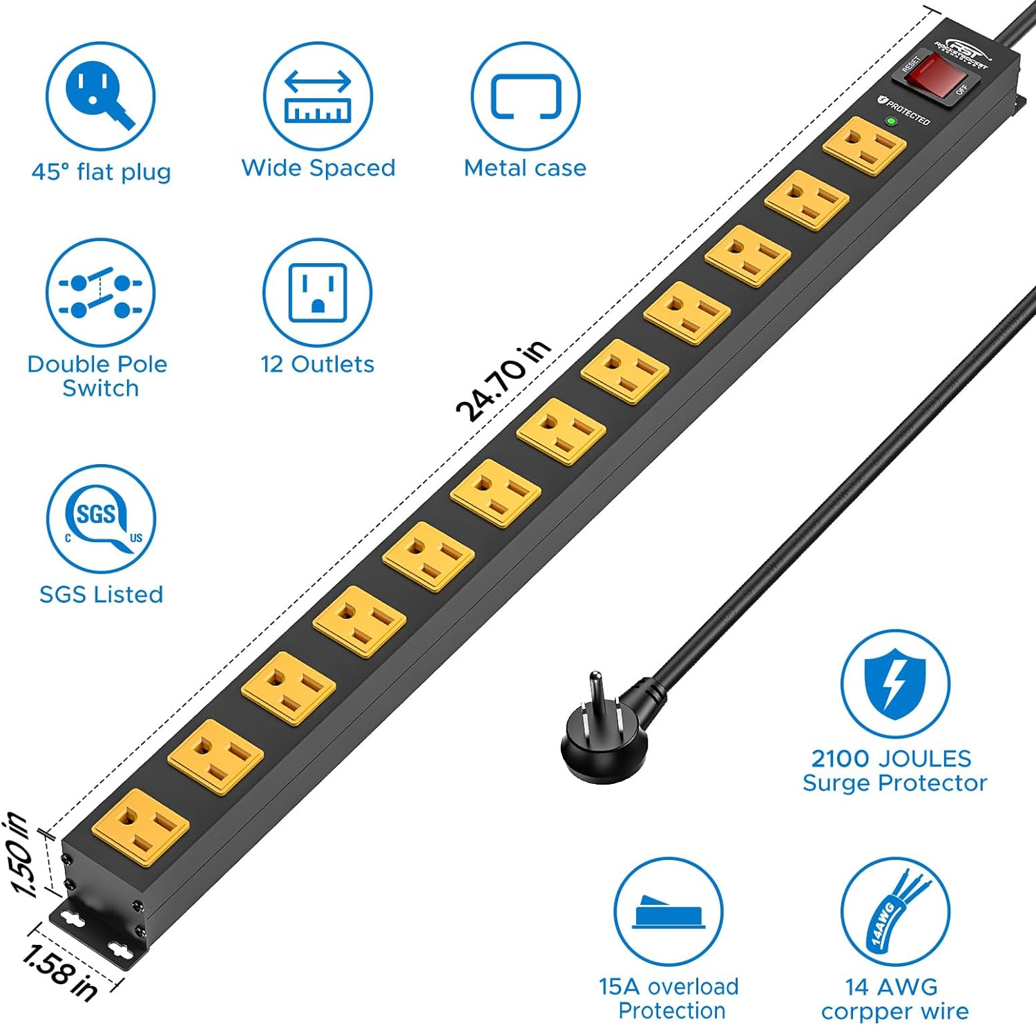 CRST 12 Outlets 2100 Joules Heavy Duty Metal Power Strip Surge Protector, 6FT Extension Power Cord, 15A Circuit Breaker, Mountable - Dynamic Power Supply - Surge protector Power strip