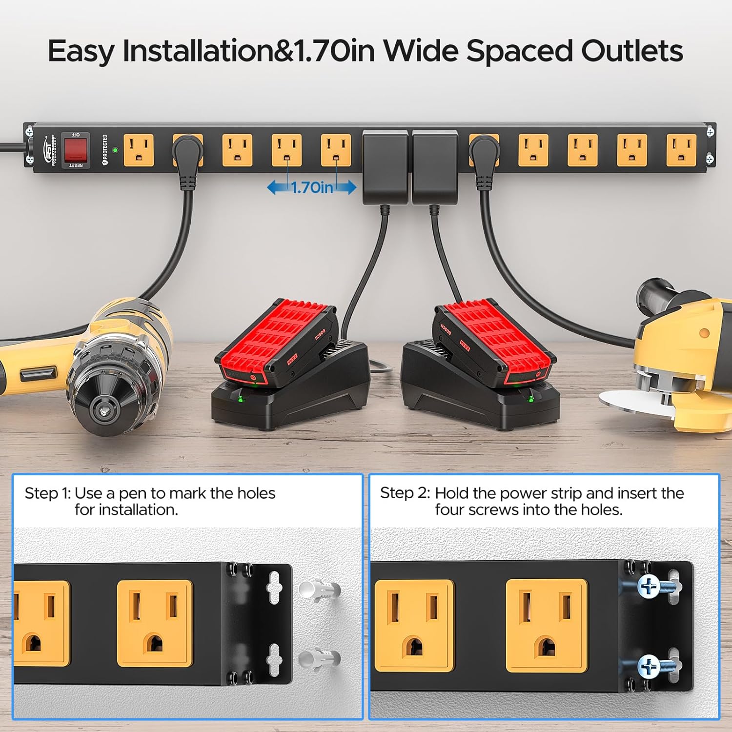 CRST 12 Outlets 2100 Joules Heavy Duty Metal Power Strip Surge Protector, 6FT Extension Power Cord, 15A Circuit Breaker, Mountable - Dynamic Power Supply - Surge protector Power strip
