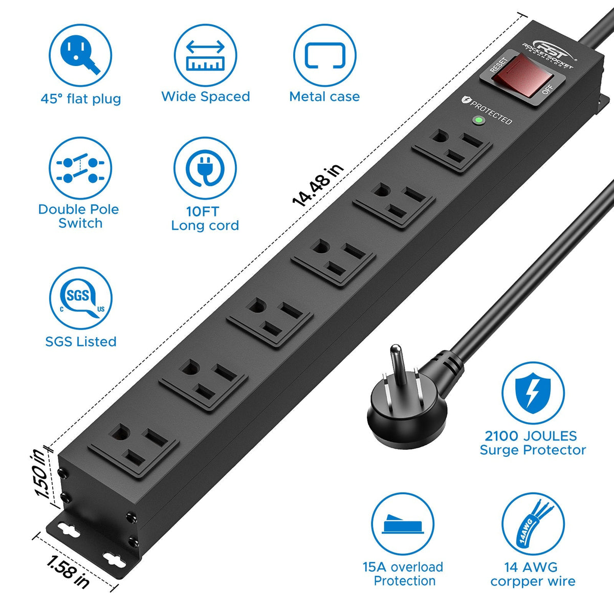 CRST 6-Outlet Slim Metal Surge Protector Power Strip – 2100 Joules, 10 ft Heavy-Duty Cord, Wide-Spaced Outlets & Mountable Design - Dynamic Power Supply - Surge protector Power strip