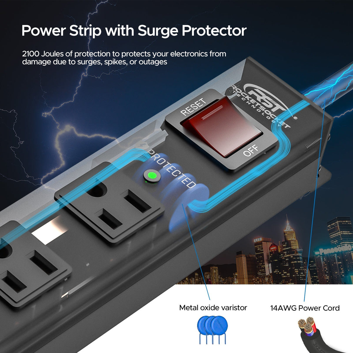 CRST 6-Outlet Slim Metal Surge Protector Power Strip – 2100 Joules, 10 ft Heavy-Duty Cord, Wide-Spaced Outlets & Mountable Design - Dynamic Power Supply - Surge protector Power strip