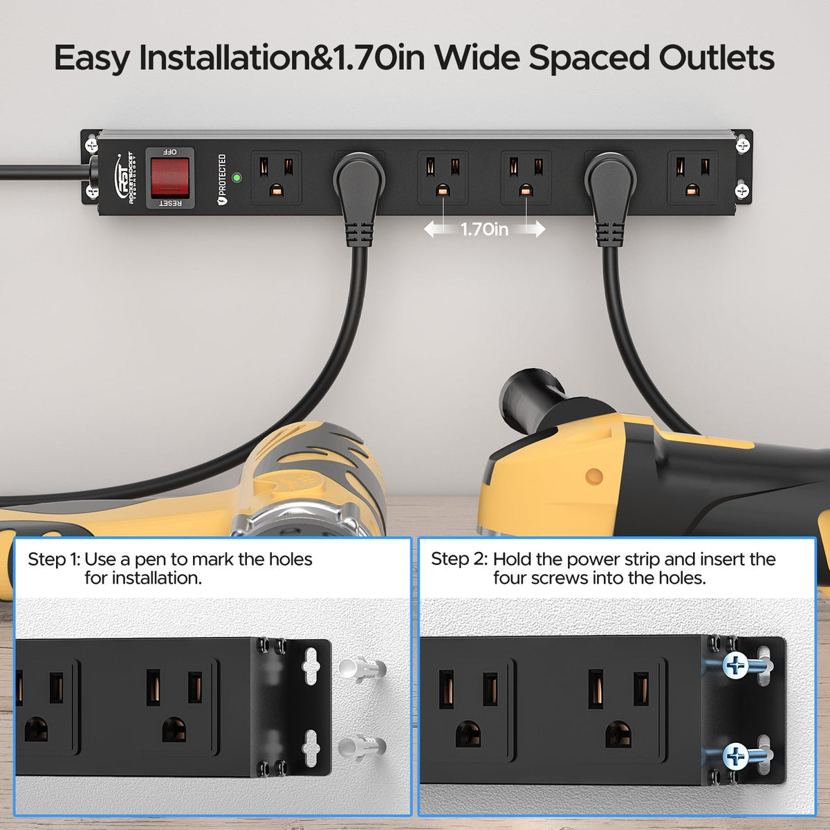 CRST 6 Outlets Wide Spaced Mountable Metal Power Strip Surge Protector, 6FT Flat Plug Power Cord, 2100 Joules Protection, Mount Kits Included - Dynamic Power Supply - Surge protector Power strip