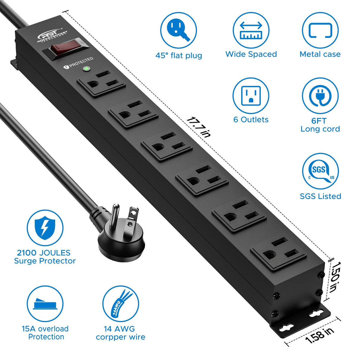 CRST 6 Outlets Wide Spaced Mountable Metal Power Strip Surge Protector, 6FT Flat Plug Power Cord, 2100 Joules Protection, Mount Kits Included - Dynamic Power Supply - Surge protector Power strip