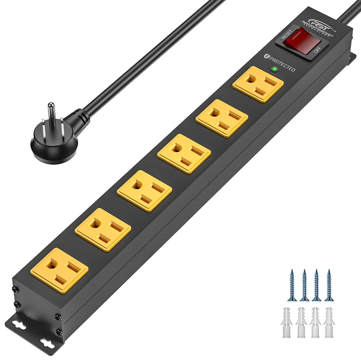 CRST 6 Outlets Wide Spaced Mountable Metal Power Strip Surge Protector, 6FT Flat Plug Power Cord, 2100 Joules Protection, Mount Kits Included - Dynamic Power Supply - Surge protector Power strip