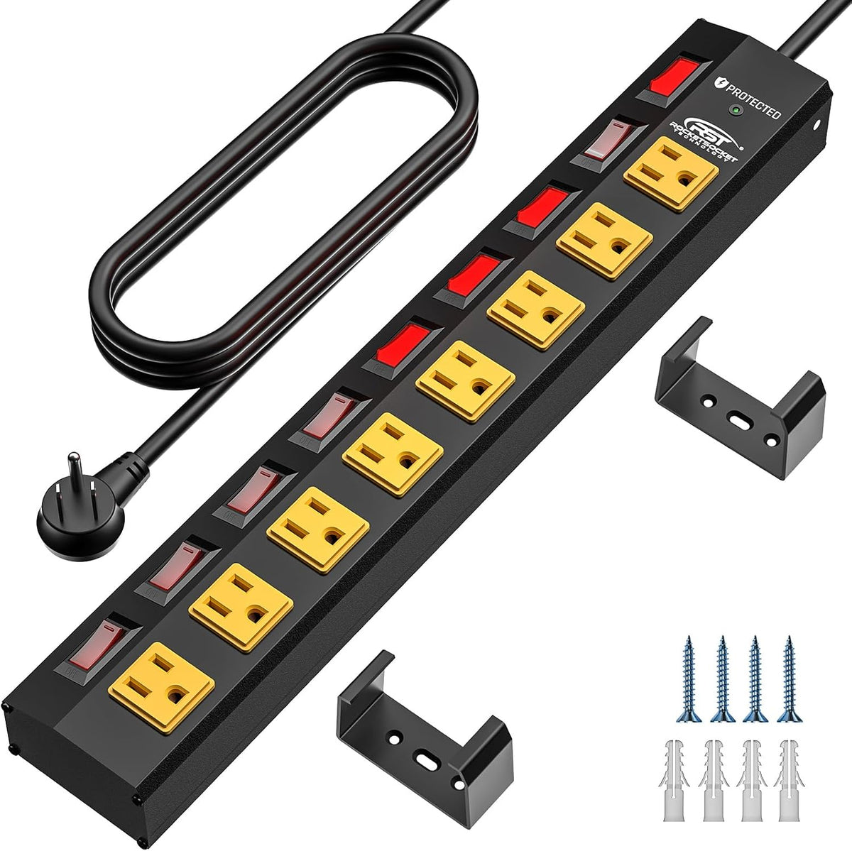 CRST 8-Outlet Wide Metal Surge Protector Power Strip - Individual Switches, 1200J, Wall Mount, 6ft Cord - Dynamic Power Supply - Surge protector Power strip