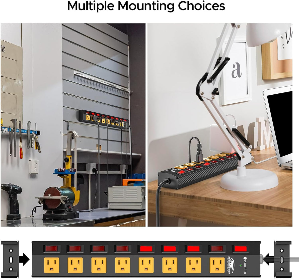 CRST 8-Outlet Wide Metal Surge Protector Power Strip - Individual Switches, 1200J, Wall Mount, 6ft Cord - Dynamic Power Supply - Surge protector Power strip