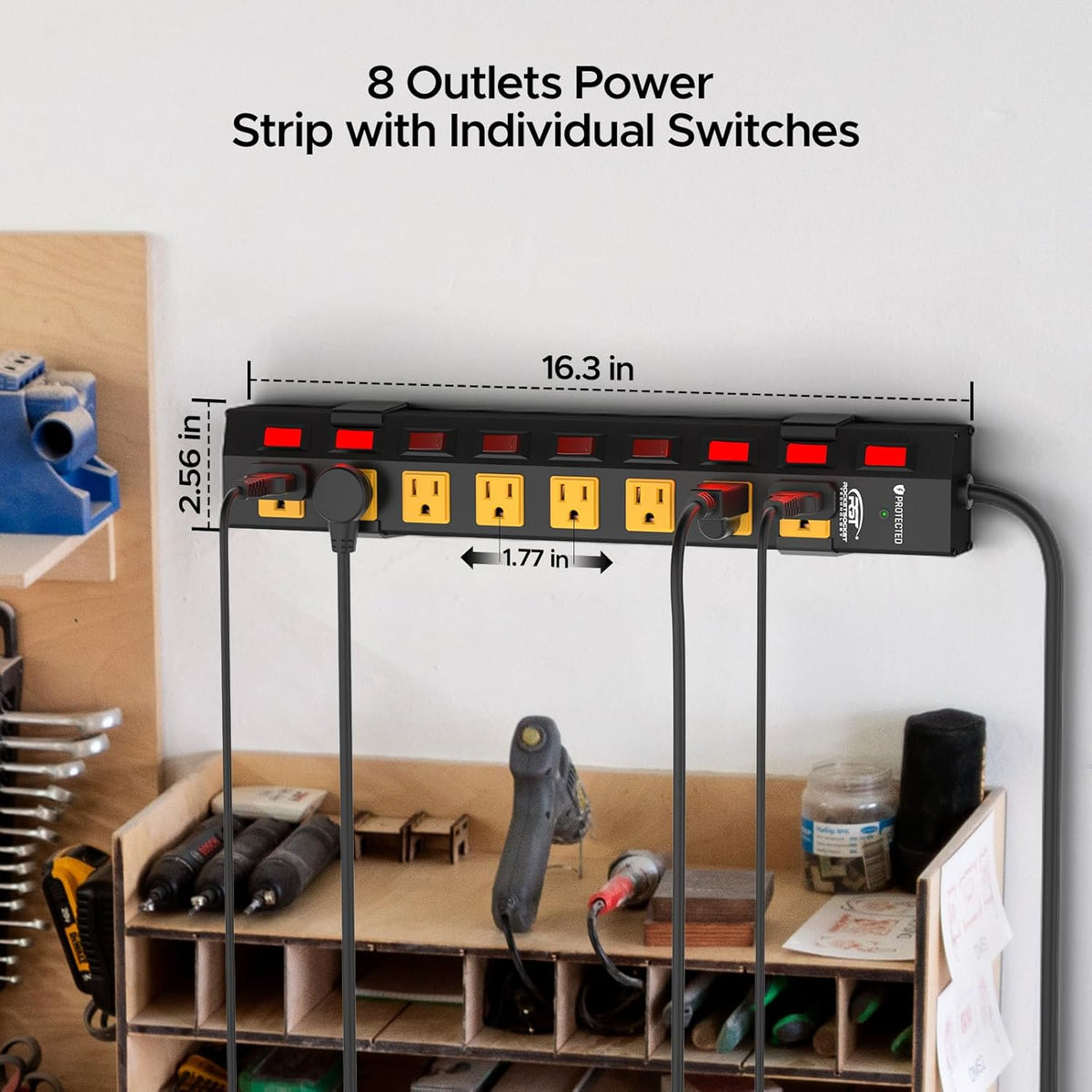 CRST 8-Outlet Wide Metal Surge Protector Power Strip - Individual Switches, 1200J, Wall Mount, 6ft Cord - Dynamic Power Supply - Surge protector Power strip