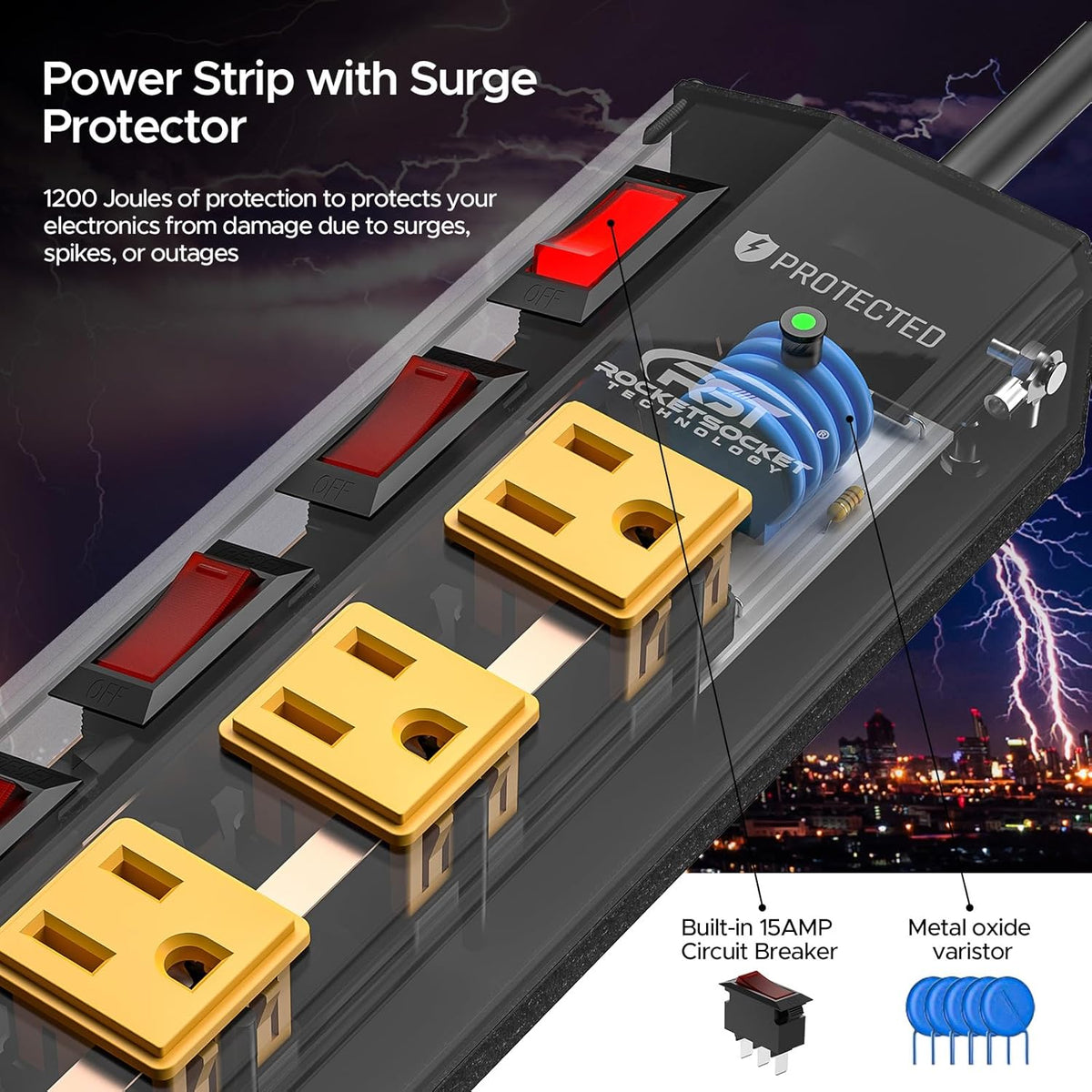 CRST 8-Outlet Wide Metal Surge Protector Power Strip - Individual Switches, 1200J, Wall Mount, 6ft Cord - Dynamic Power Supply - Surge protector Power strip