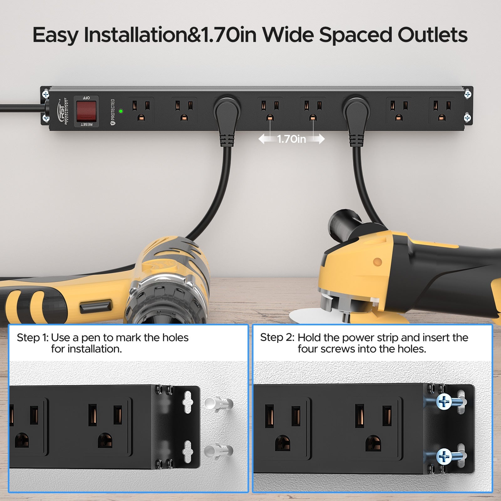 CRST 8 Outlets Wide Spaced Mountable Metal Power Strip Surge Protector, 6FT Flat Plug Power Cord, 2100 Joules Protection, Mount Kits Included - Dynamic Power Supply - Surge protector Power strip