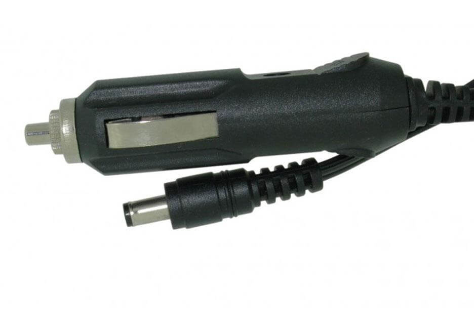 A close-up of the Naxa 12 Volt DC Cord to power TVs with a cigarette lighter socket and universal connector, attached by a coiled cable, isolated on a white background.