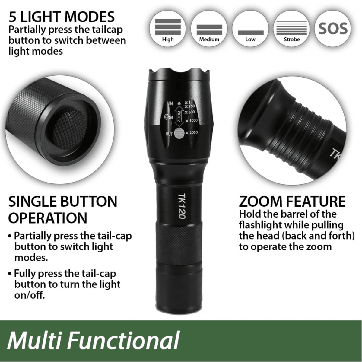 EcoGear FX TK120 LED Tactical Flashlight with Strobe - Dynamic Power Supply - Tactical Flashlights