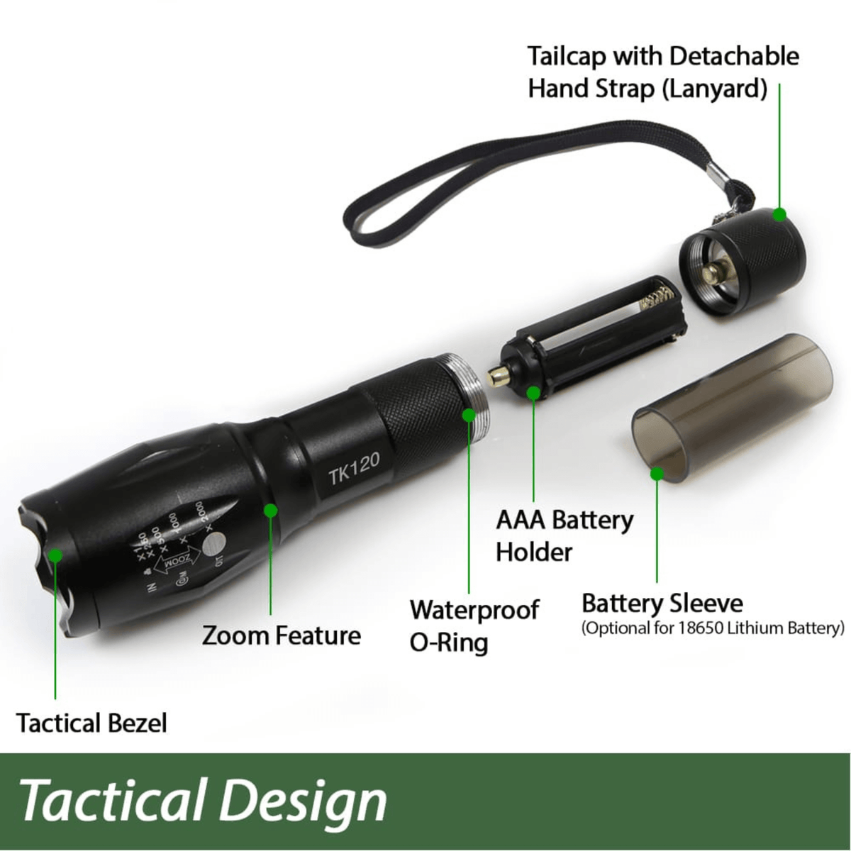 EcoGear FX TK120 LED Tactical Flashlight with Strobe - Dynamic Power Supply - Tactical Flashlights