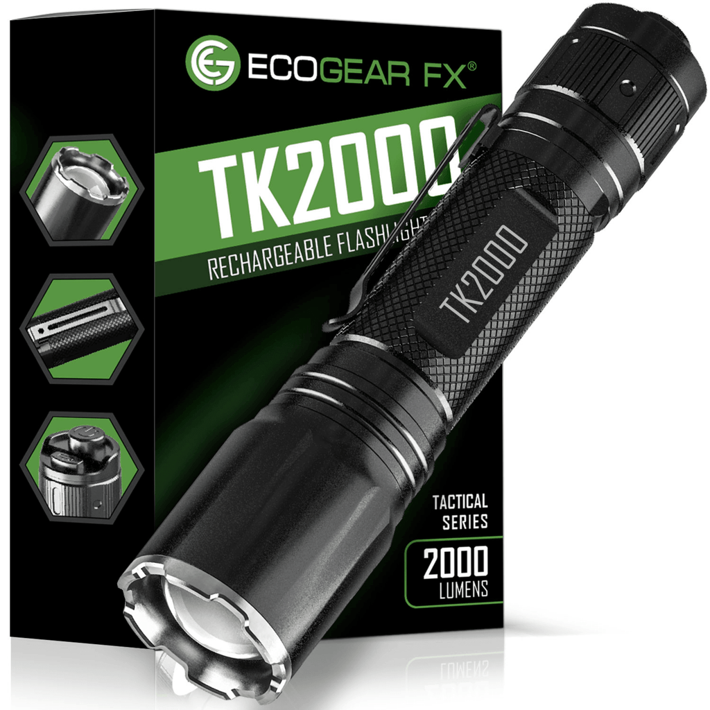 EcoGear FX TK2000 USB Rechargeable LED Tactical Flashlight - Dynamic Power Supply - Tactical Flashlights