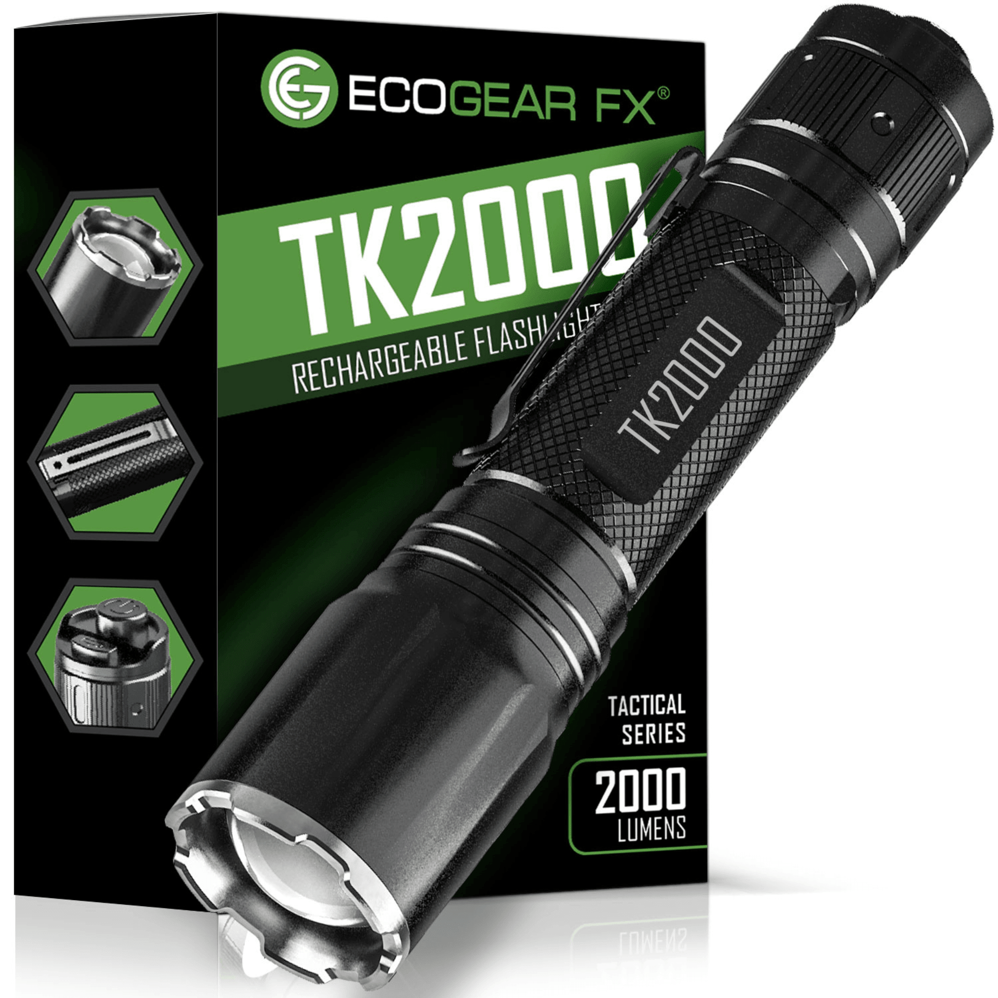 EcoGear FX TK2000 USB Rechargeable LED Tactical Flashlight - Dynamic Power Supply - Tactical Flashlights