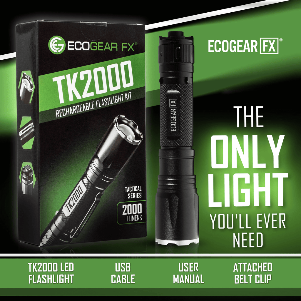 EcoGear FX TK2000 USB Rechargeable LED Tactical Flashlight - Dynamic Power Supply - Tactical Flashlights