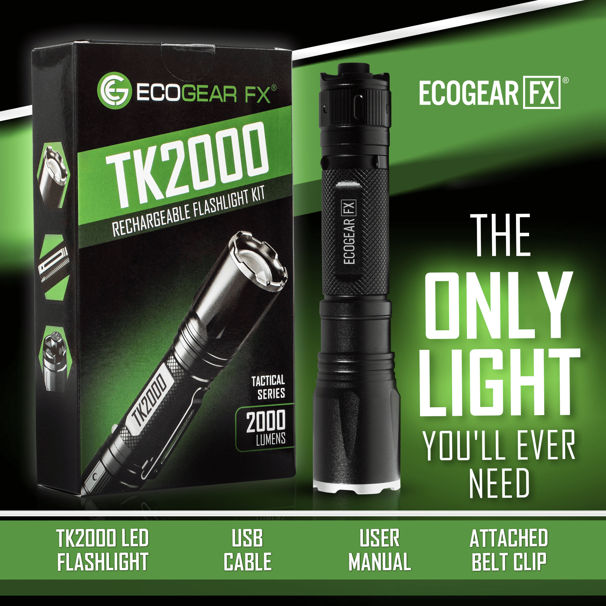 EcoGear FX TK2000 USB Rechargeable LED Tactical Flashlight - Dynamic Power Supply - Tactical Flashlights