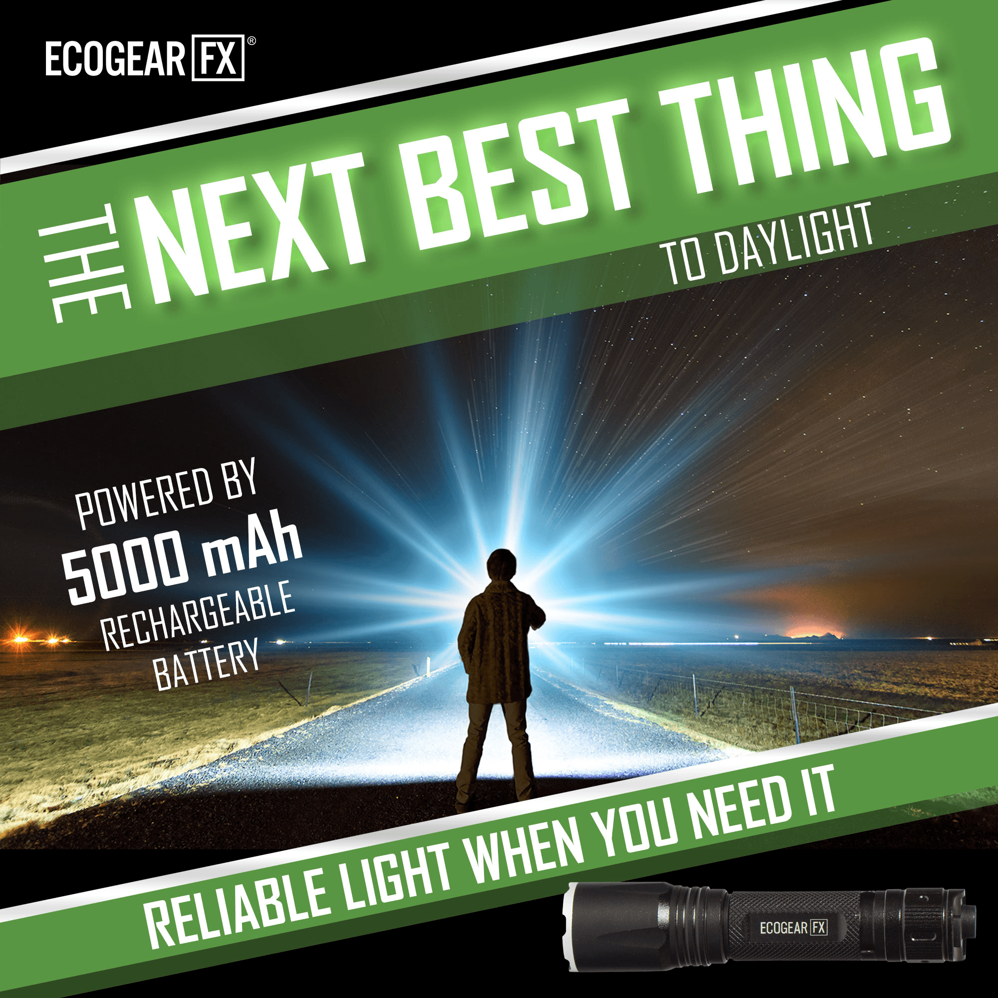 EcoGear FX TK2000 USB Rechargeable LED Tactical Flashlight - Dynamic Power Supply - Tactical Flashlights
