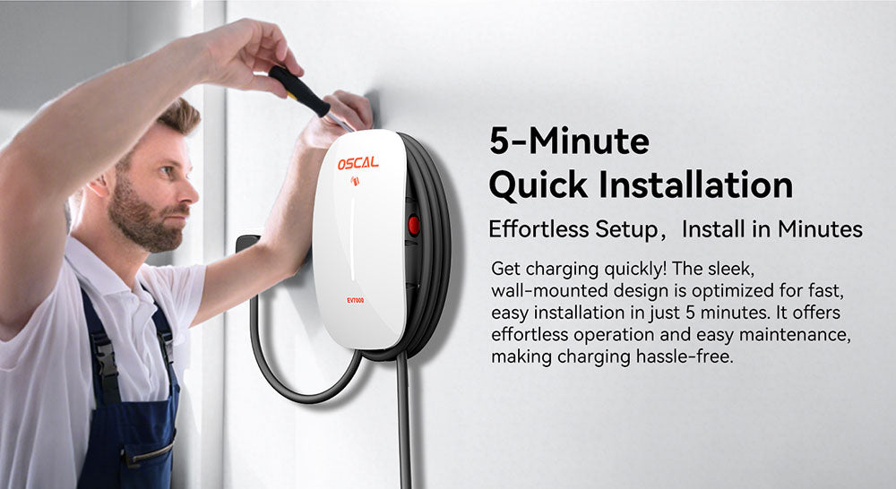 A man installs a white wall-mounted EV Charger 7kw. The text highlights "5-Minute Quick Installation," showcasing this Level 2 charger's easy setup and user-friendly design for hassle-free home EV charging.
