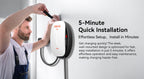 A man installs a white wall-mounted EV Charger 7kw. The text highlights "5-Minute Quick Installation," showcasing this Level 2 charger's easy setup and user-friendly design for hassle-free home EV charging.