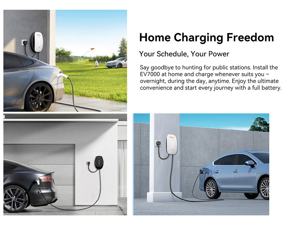Three images show electric cars charging at home with the EV Charger 7kw in garages and driveways. Text emphasizes the convenience of Level 2 charging and always having a fully charged vehicle ready to go.