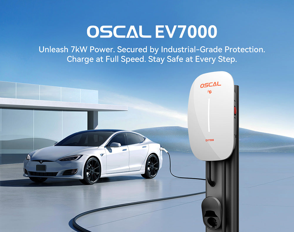 A white EV Charger 7kw powers a black Tesla in front of a modern building, with blue sky and mountains behind. Enjoy secure, fast Level 2 (7kW) charging for your electric vehicle.