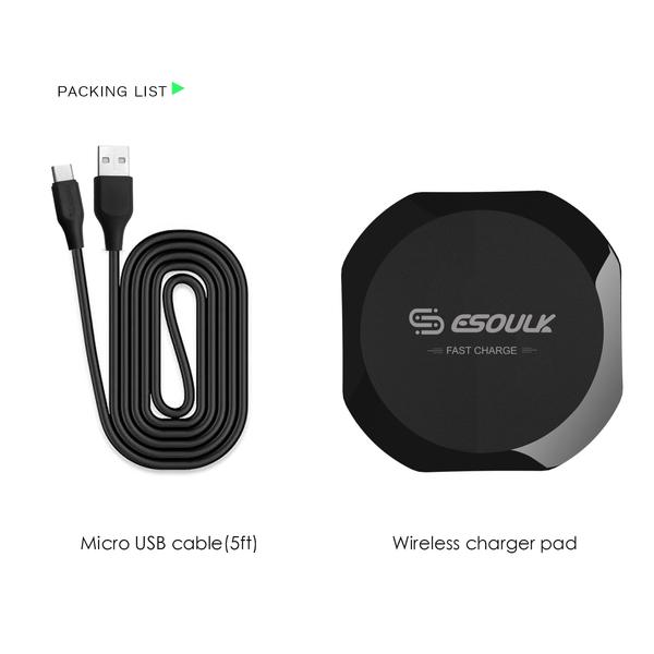 A 5-foot black micro USB cable sits beside a round, black Esoulk QI Certified 10W Wireless Charging Fast Charger Pad labeled "FAST CHARGE." A "PACKING LIST" details the two items. Explore more styles for your charging needs.