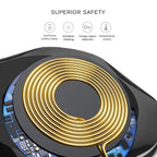 Close-up of the Esoulk QI Certified 10W Wireless Charging Fast Charger Pad’s gold coil on a circuit board, emphasizing battery safety, radiation shielding, foreign object detection, and temperature control. Text: "SUPERIOR SAFETY." Discover more protective styles.