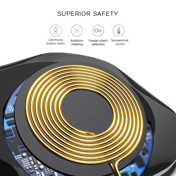 Close-up of the Esoulk QI Certified 10W Wireless Charging Fast Charger Pad’s gold coil on a circuit board, emphasizing battery safety, radiation shielding, foreign object detection, and temperature control. Text: "SUPERIOR SAFETY." Discover more protective styles.