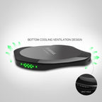 A black Esoulk QI Certified 10W Wireless Charging Fast Charger Pad with green indicator lights and arrows showing bottom cooling airflow vents; inset displays vent holes up close. Explore more styles to find the perfect fit for your setup.