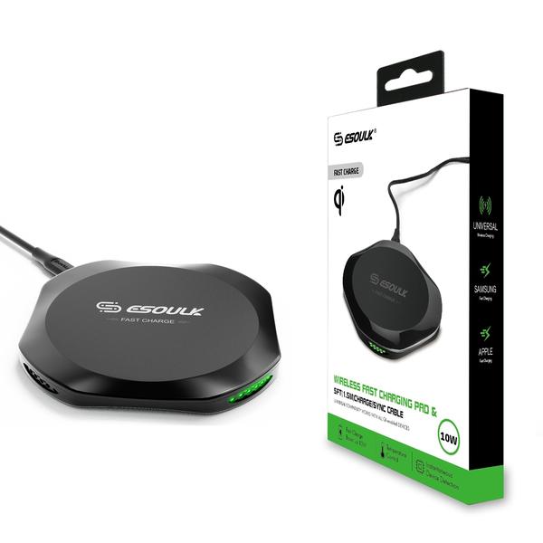 The Esoulk QI Certified 10W Wireless Charging Fast Charger Pad in black is displayed beside its box, which features product information and an image of the charger. It connects with a USB cable—discover more options for effortless charging.