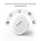 The Esoulk QI Certified 10W Wireless Charging Fast Charger Pad features the SOUL logo at the center, with icons for short-circuit, overheat, overcharge, and foreign object detection. "MULTIPLE PROTECTION, SAFE CERTIFIED." Explore more styles for extra safety.