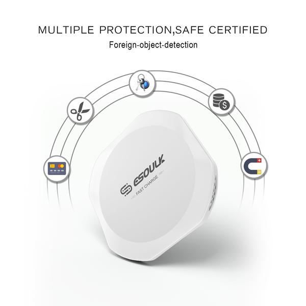 The Esoulk QI Certified 10W Wireless Charging Fast Charger Pad features the SOUL logo at the center, with icons for short-circuit, overheat, overcharge, and foreign object detection. "MULTIPLE PROTECTION, SAFE CERTIFIED." Explore more styles for extra safety.