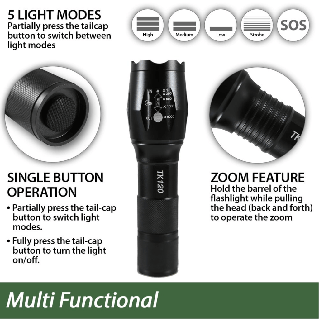 The EcoGear FX TK120 LED Tactical Flashlight with Strobe is black and features 5 light modes, single button operation, and zoom by sliding the barrel. Close-ups show the tail-cap button and lens; it's ideal as a multifunctional emergency flashlight.