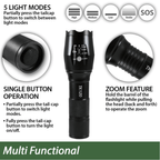 The EcoGear FX TK120 LED Tactical Flashlight with Strobe is black and features 5 light modes, single button operation, and zoom by sliding the barrel. Close-ups show the tail-cap button and lens; it's ideal as a multifunctional emergency flashlight.