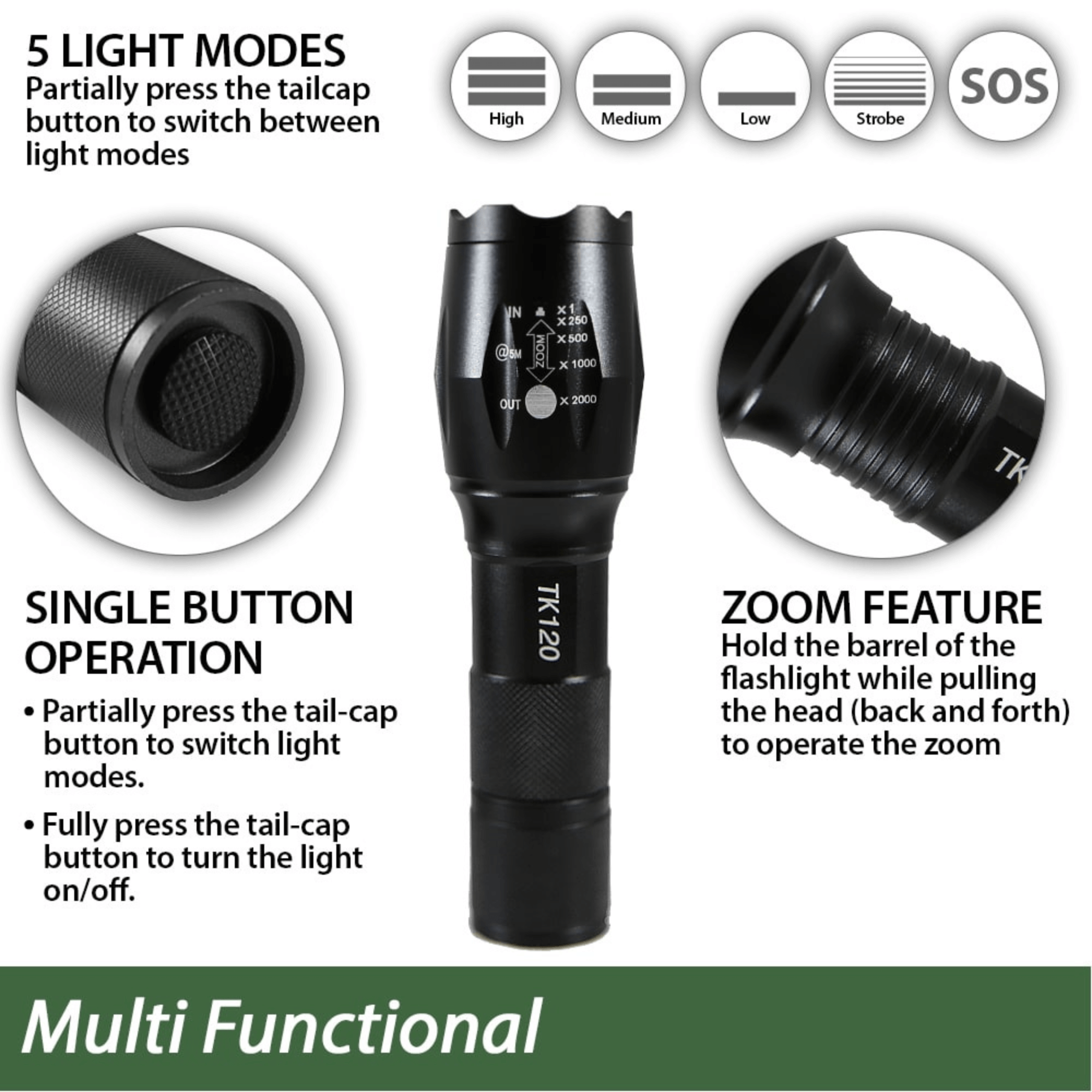 The EcoGear FX TK120 LED Tactical Flashlight with Strobe is black and features 5 light modes, single button operation, and zoom by sliding the barrel. Close-ups show the tail-cap button and lens; it's ideal as a multifunctional emergency flashlight.
