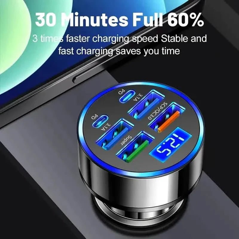 Fast Charging 6 Ports Car Charger Adapter with 4 USB + 2 Type - C 40W QC3.0 - Dynamic Power Supply - Automotive