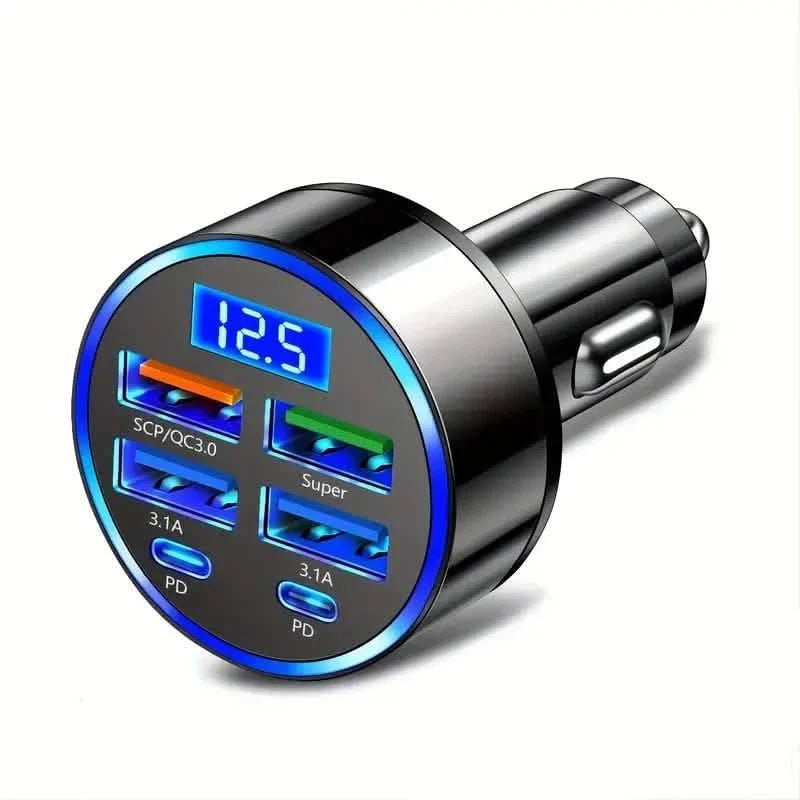 Fast Charging 6 Ports Car Charger Adapter with 4 USB + 2 Type - C 40W QC3.0 - Dynamic Power Supply - Automotive