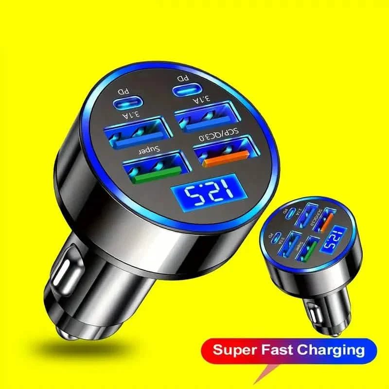 Fast Charging 6 Ports Car Charger Adapter with 4 USB + 2 Type - C 40W QC3.0 - Dynamic Power Supply - Automotive