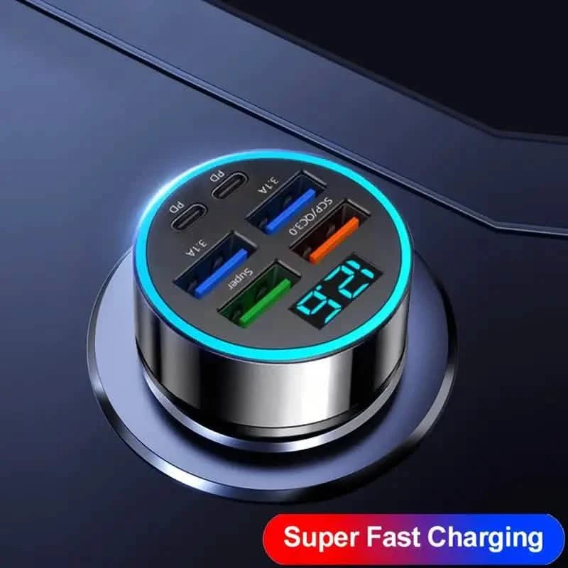 Fast Charging 6 Ports Car Charger Adapter with 4 USB + 2 Type - C 40W QC3.0 - Dynamic Power Supply - Automotive