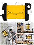 The CRST 10-Outlet Metal Surge Protector Power Strip (yellow/black, 10" x 6.3") offers 2800 joules protection and a heavy-duty cord. Shown wall-mounted, in a workshop, and neatly organized among tools for versatile use.