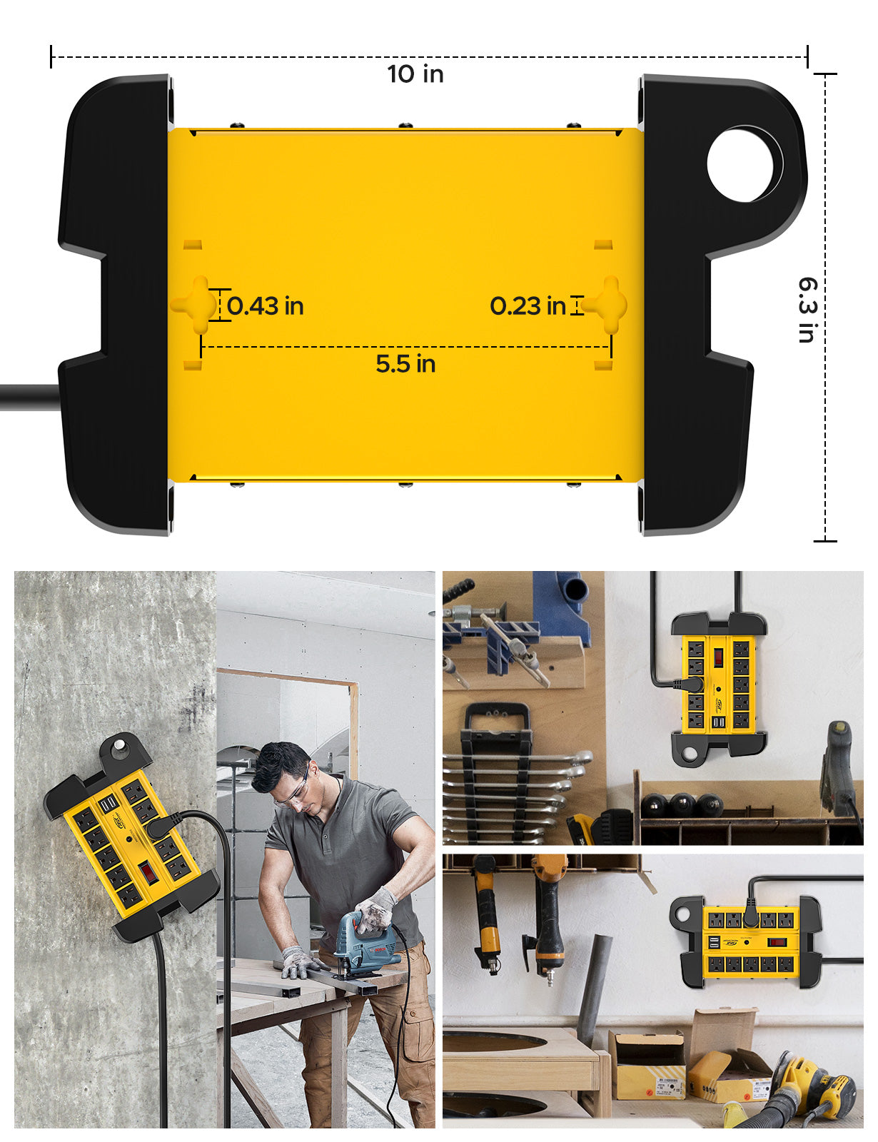 The CRST 10-Outlet Metal Surge Protector Power Strip (yellow/black, 10" x 6.3") offers 2800 joules protection and a heavy-duty cord. Shown wall-mounted, in a workshop, and neatly organized among tools for versatile use.