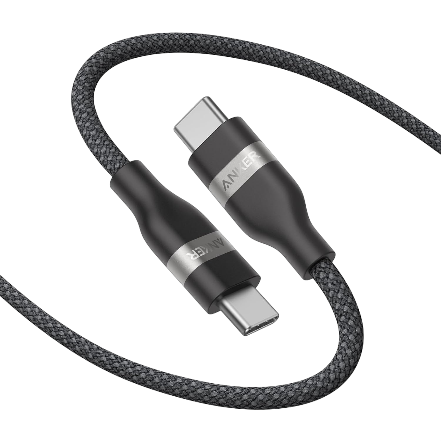 A black Anker USB-C to USB-C Cable (3 ft / 6 ft, 240W, Upcycled-Braided) with silver-accented connectors and Anker branding is displayed on a white background.