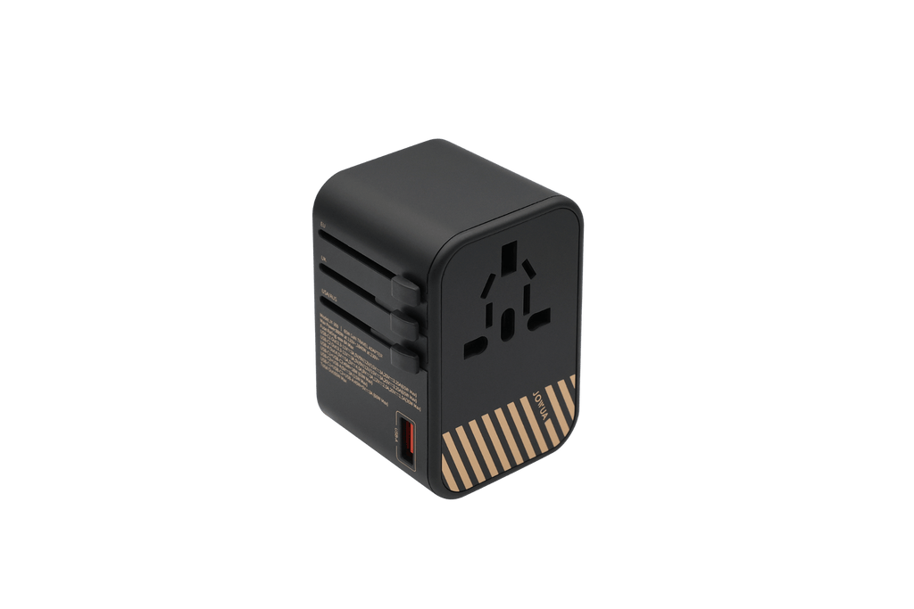 The 65W GaN Travel Adapter features a black design with gold diagonal stripes, multiple plug configurations, a USB port, and various socket options for fast charging, shown against a plain white background.