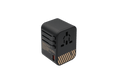 The 65W GaN Travel Adapter features a black design with gold diagonal stripes, multiple plug configurations, a USB port, and various socket options for fast charging, shown against a plain white background.