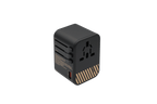 The 65W GaN Travel Adapter features a black design with gold diagonal stripes, multiple plug configurations, a USB port, and various socket options for fast charging, shown against a plain white background.