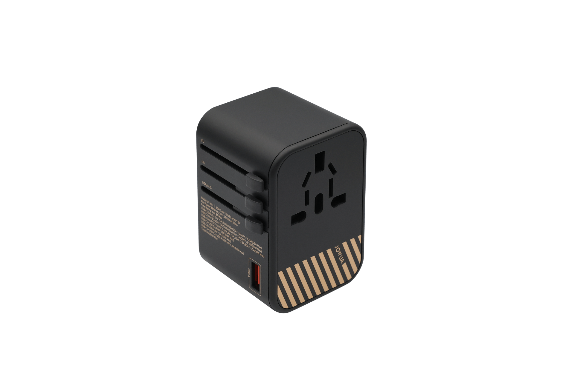 The 65W GaN Travel Adapter features a black design with gold diagonal stripes, multiple plug configurations, a USB port, and various socket options for fast charging, shown against a plain white background.