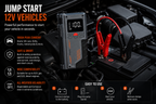The 8000mAh Portable Jump Starter & Air Compressor w/ USB-C connects to your car battery, offers 1000A peak current, wide compatibility, enhanced safety, all-weather use, and features a 4-step guide with labeled graphics.