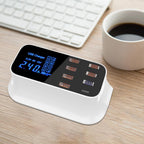 The Multi-Port USB Charger Station Type C, in white with a digital 2.4A display and multiple charging ports, sits on a wooden desk beside a white keyboard and a cup of black coffee.