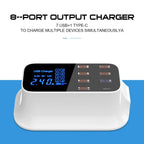 The Multi-Port USB Charger Station Type C is a white 8-port smart charger with a blue digital display, featuring USB and Type-C ports for charging multiple devices at once. Text above reads "8-Port Output Charger.
