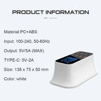 The Multi-Port USB Charger Station Type C is a white PC+ABS charger with a digital display, input of 100-240V 50-60Hz, output of 5V/5A max, Type-C port (5V-2A), and size of 138x75x50mm.