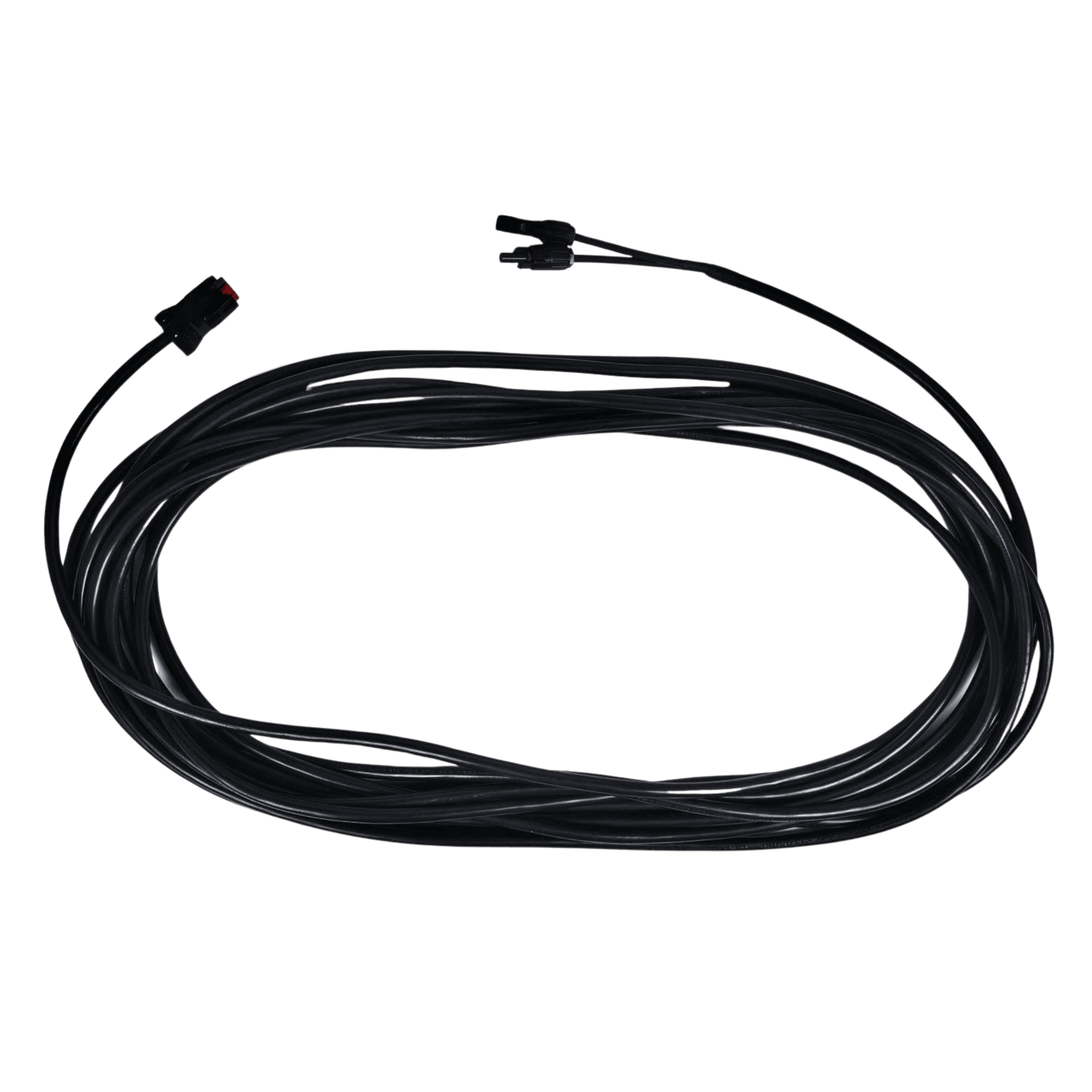 The Nature's Generator 50ft Solar Panel Cable is a long black extension cable with MC4 connectors on both ends, shown coiled in a circle against a plain white background.